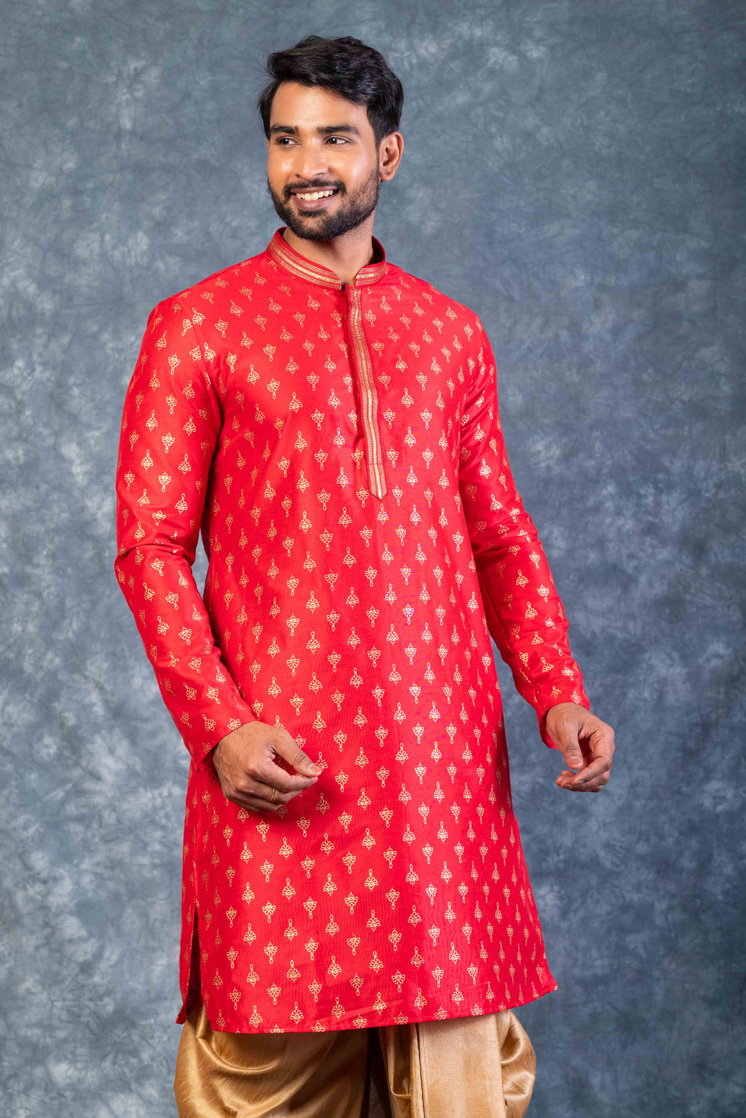 Prakatha Red Silk Blend Kurta Dhoti Set For Men With Embroidered Work | SHOBITAM