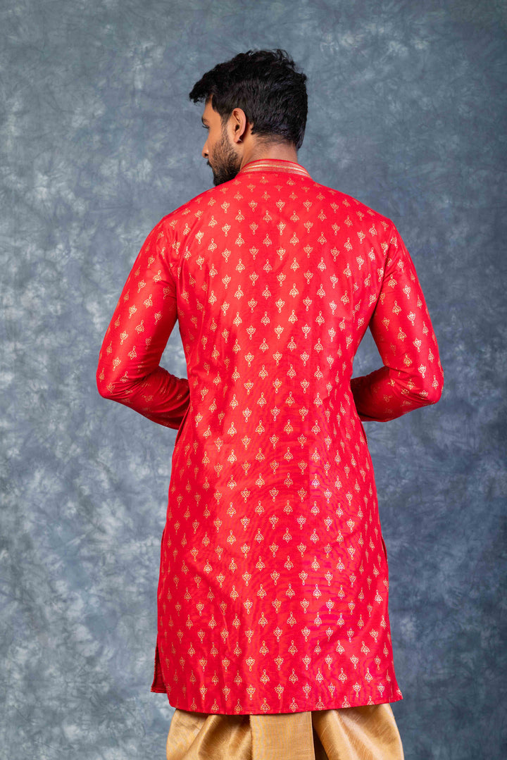 Prakatha Red Silk Blend Kurta Dhoti Set For Men With Embroidered Work | SHOBITAM