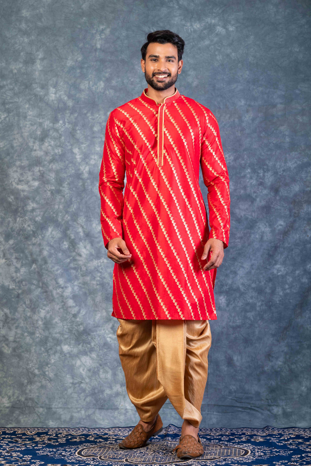Prakatha Red Silk Blend Kurta Dhoti Set For Men With Embroidered Work | SHOBITAM