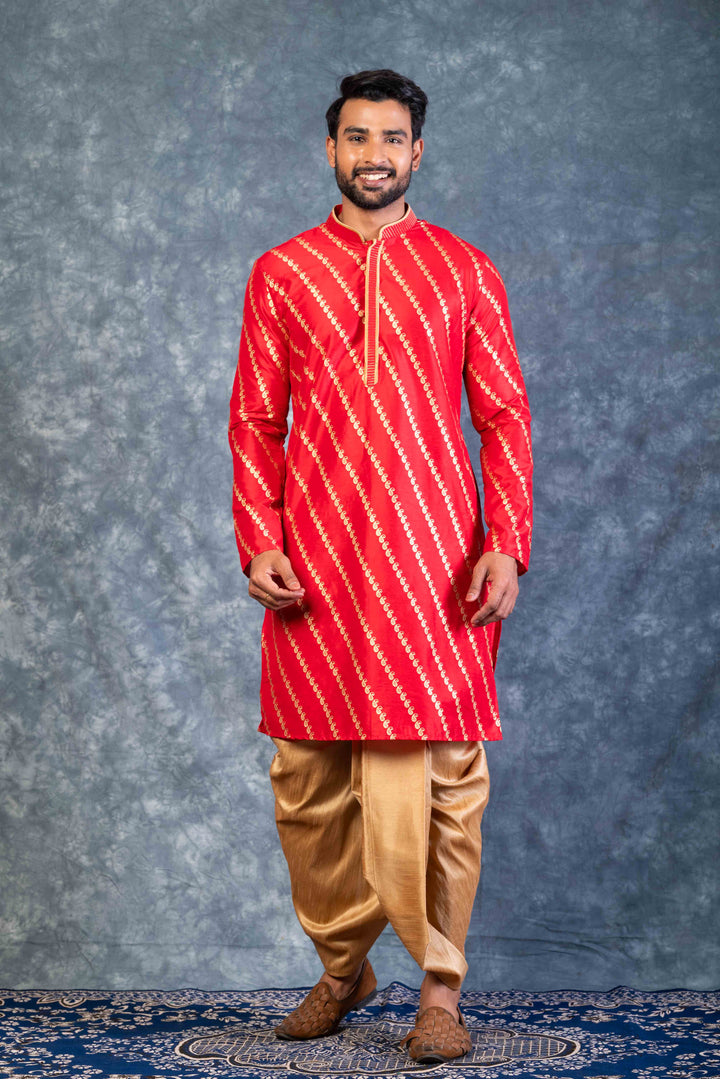Prakatha Red Silk Blend Kurta Dhoti Set For Men With Embroidered Work | SHOBITAM