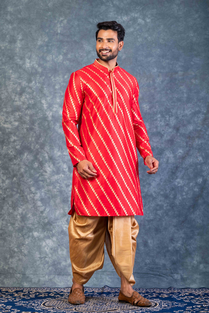 Prakatha Red Silk Blend Kurta Dhoti Set For Men With Embroidered Work | SHOBITAM