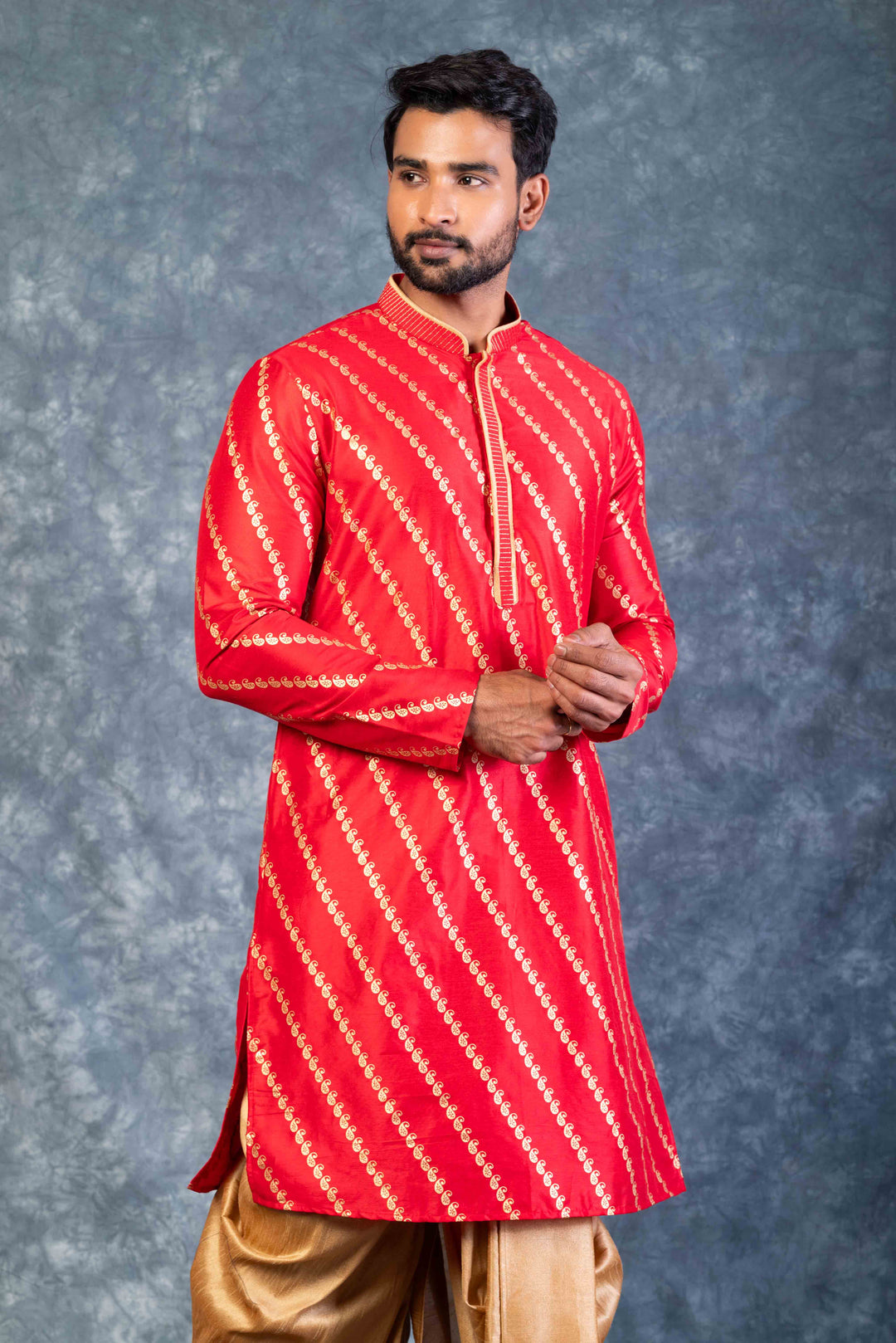 Prakatha Red Silk Blend Kurta Dhoti Set For Men With Embroidered Work | SHOBITAM
