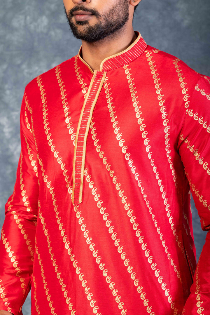 Prakatha Red Silk Blend Kurta Dhoti Set For Men With Embroidered Work | SHOBITAM