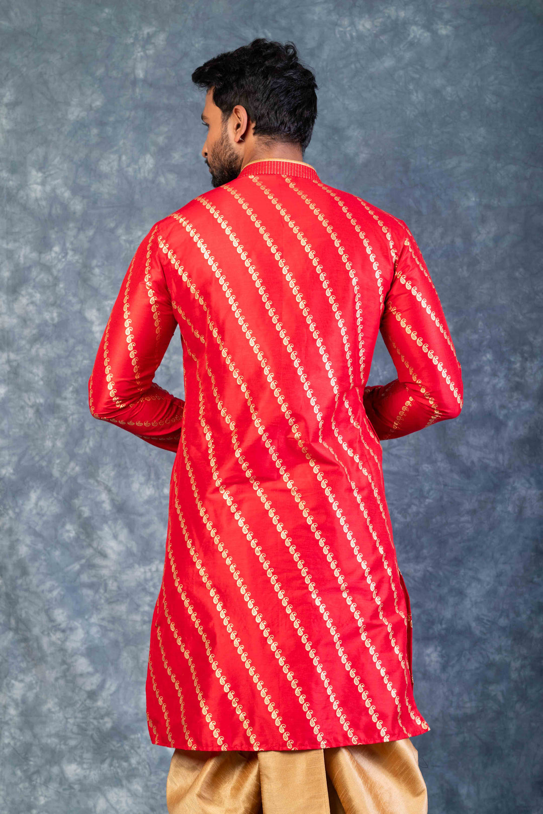 Prakatha Red Silk Blend Kurta Dhoti Set For Men With Embroidered Work | SHOBITAM