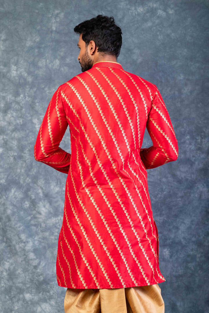 Prakatha Red Silk Blend Kurta Dhoti Set For Men With Embroidered Work | SHOBITAM