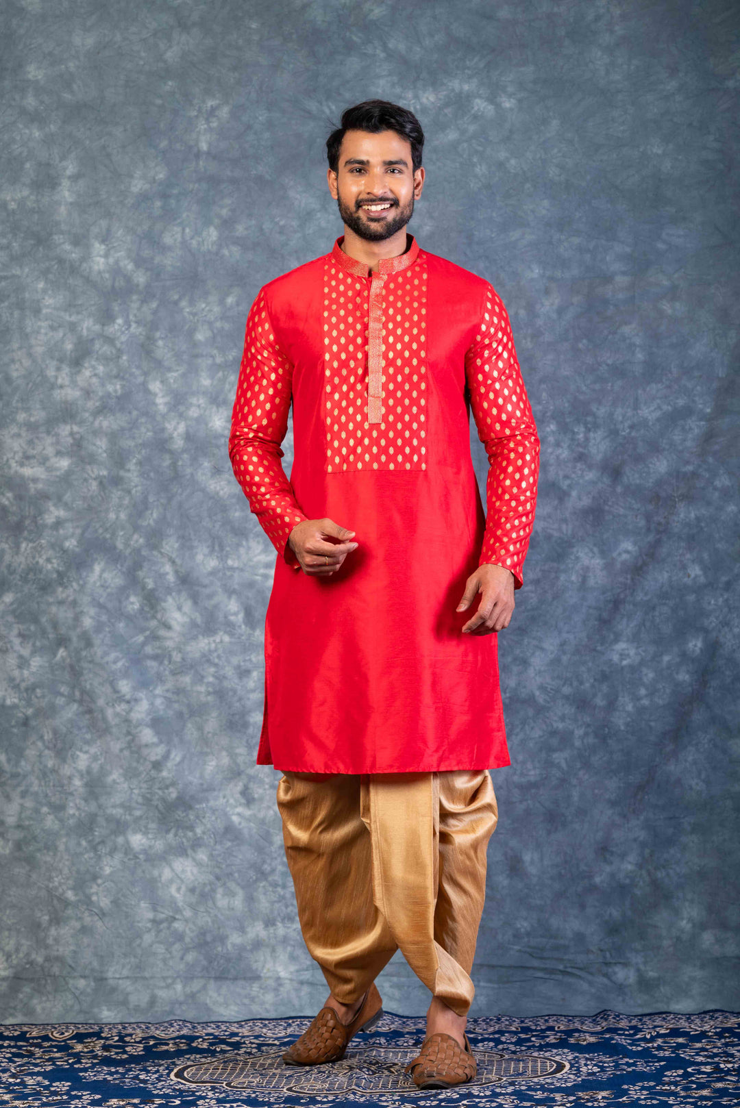 Prakatha Red Silk Blend Kurta Dhoti Set For Men With Embroidered Work | SHOBITAM