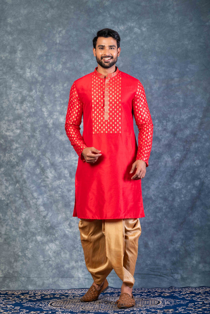 Prakatha Red Silk Blend Kurta Dhoti Set For Men With Embroidered Work | SHOBITAM