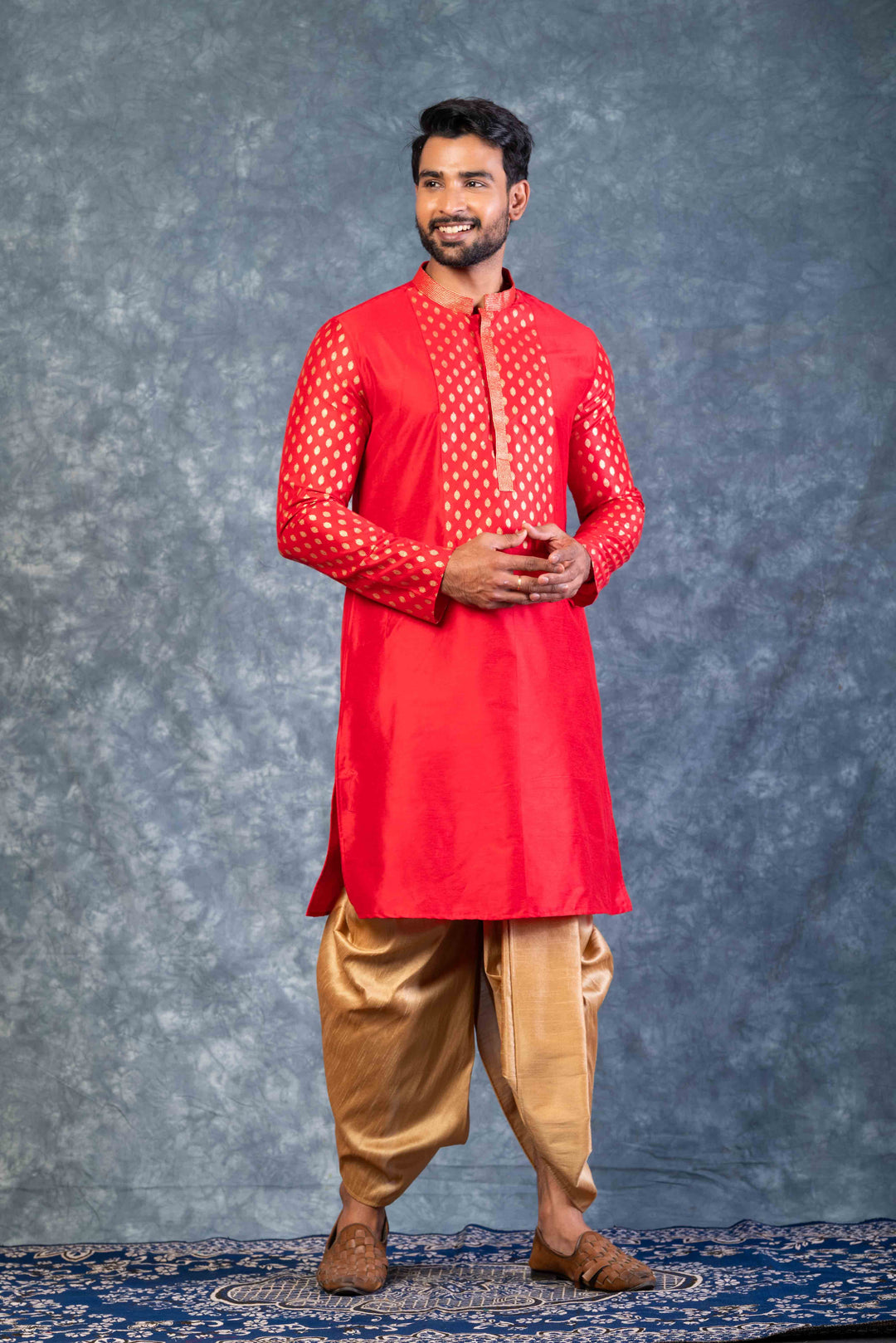Prakatha Red Silk Blend Kurta Dhoti Set For Men With Embroidered Work | SHOBITAM