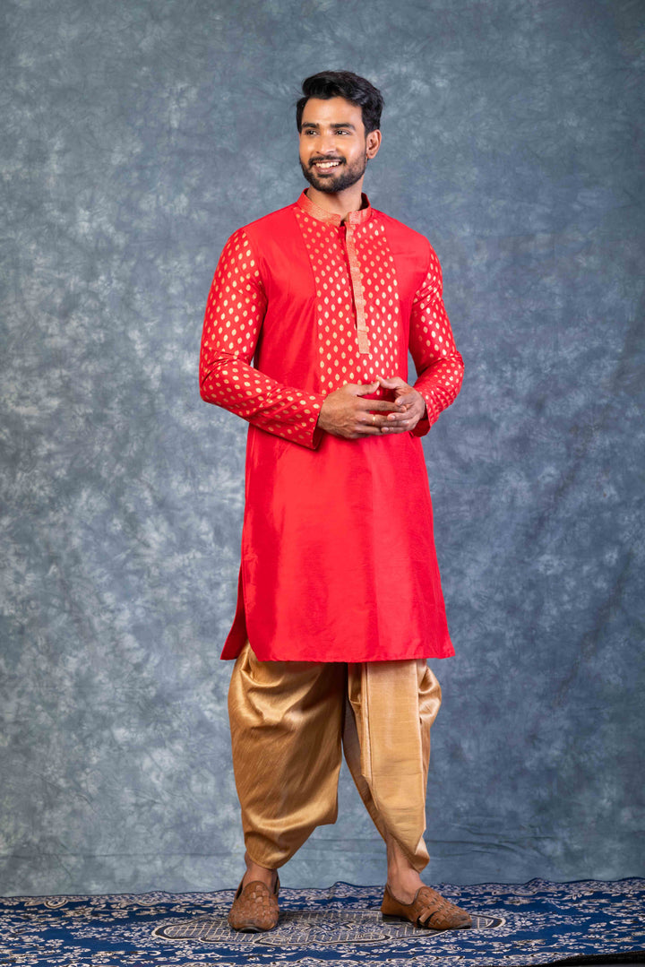 Prakatha Red Silk Blend Kurta Dhoti Set For Men With Embroidered Work | SHOBITAM