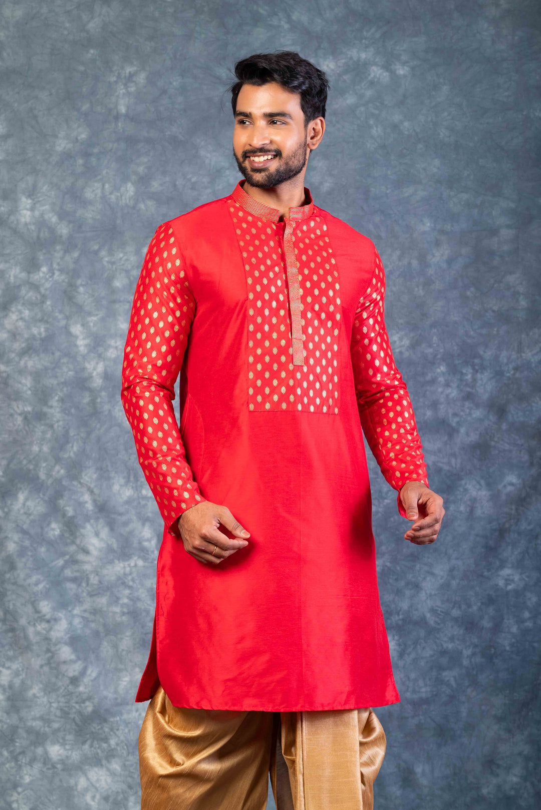 Prakatha Red Silk Blend Kurta Dhoti Set For Men With Embroidered Work | SHOBITAM