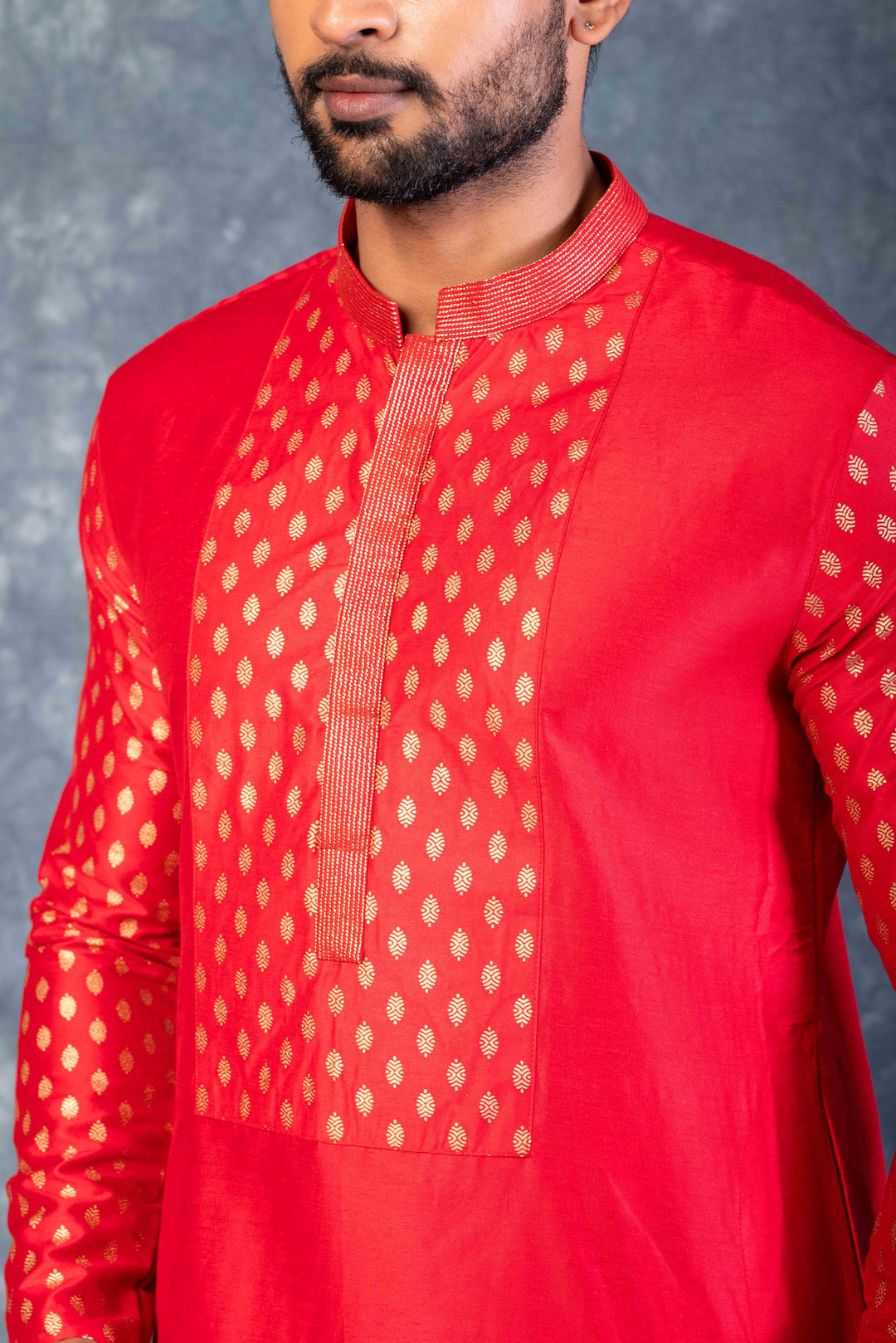 Prakatha Red Silk Blend Kurta Dhoti Set For Men With Embroidered Work | SHOBITAM