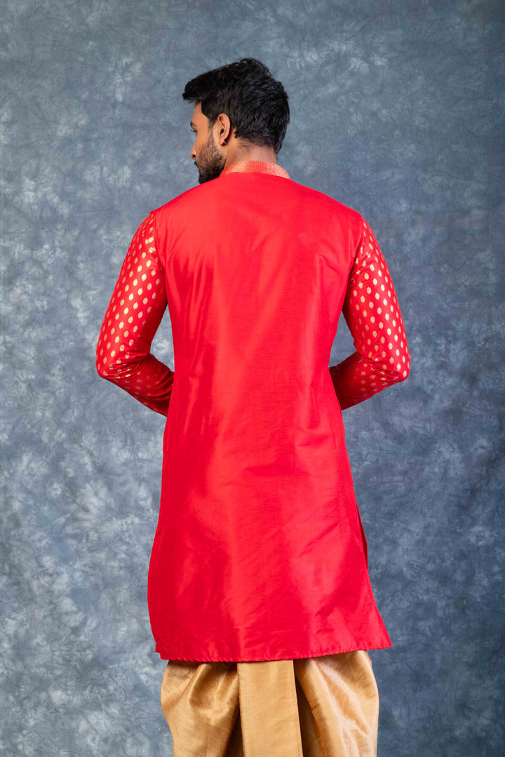 Prakatha Red Silk Blend Kurta Dhoti Set For Men With Embroidered Work | SHOBITAM