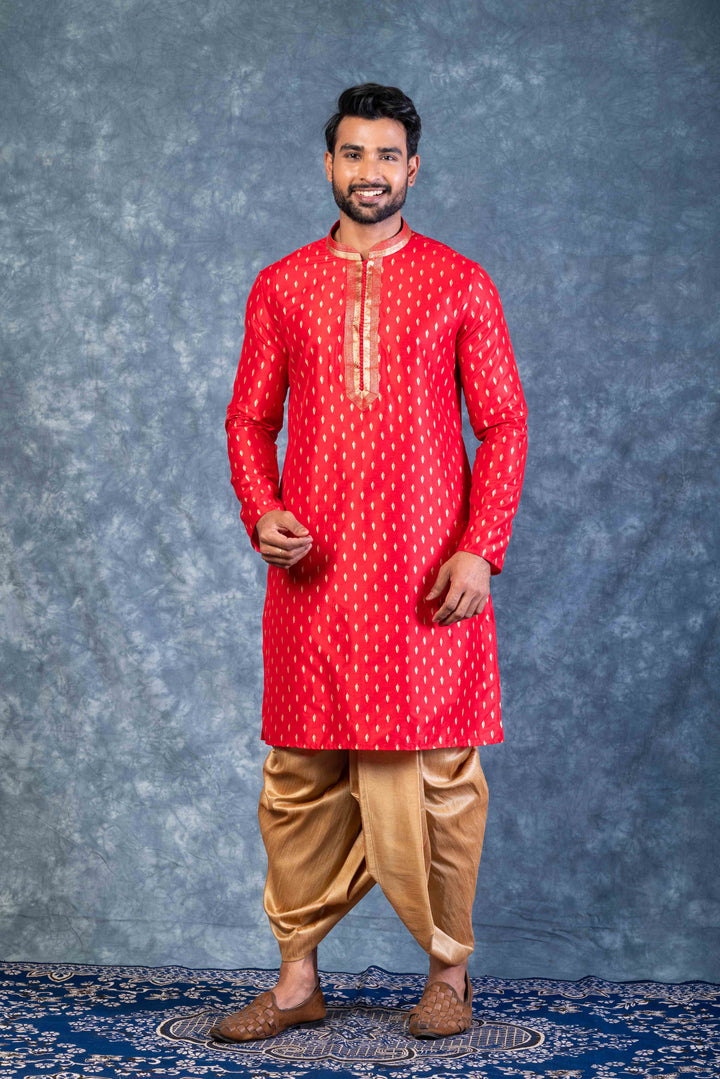 Prakatha Red Silk Blend Kurta Dhoti Set For Men With Embroidered Work | SHOBITAM