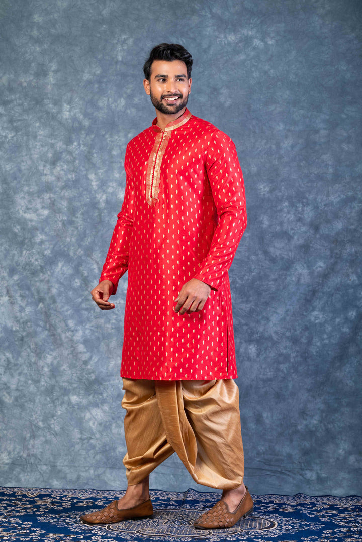 Prakatha Red Silk Blend Kurta Dhoti Set For Men With Embroidered Work | SHOBITAM