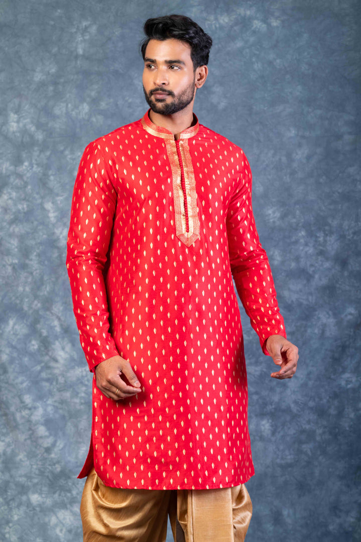 Prakatha Red Silk Blend Kurta Dhoti Set For Men With Embroidered Work | SHOBITAM