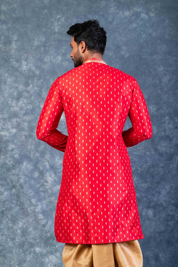 Prakatha Red Silk Blend Kurta Dhoti Set For Men With Embroidered Work | SHOBITAM