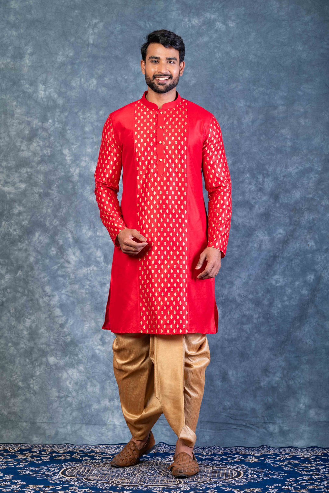 Prakatha Red Silk Blend Kurta Dhoti Set For Men With Embroidered Work | SHOBITAM