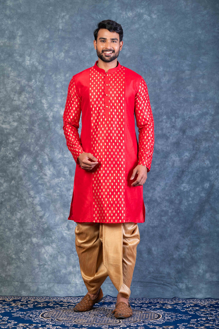 Prakatha Red Silk Blend Kurta Dhoti Set For Men With Embroidered Work | SHOBITAM
