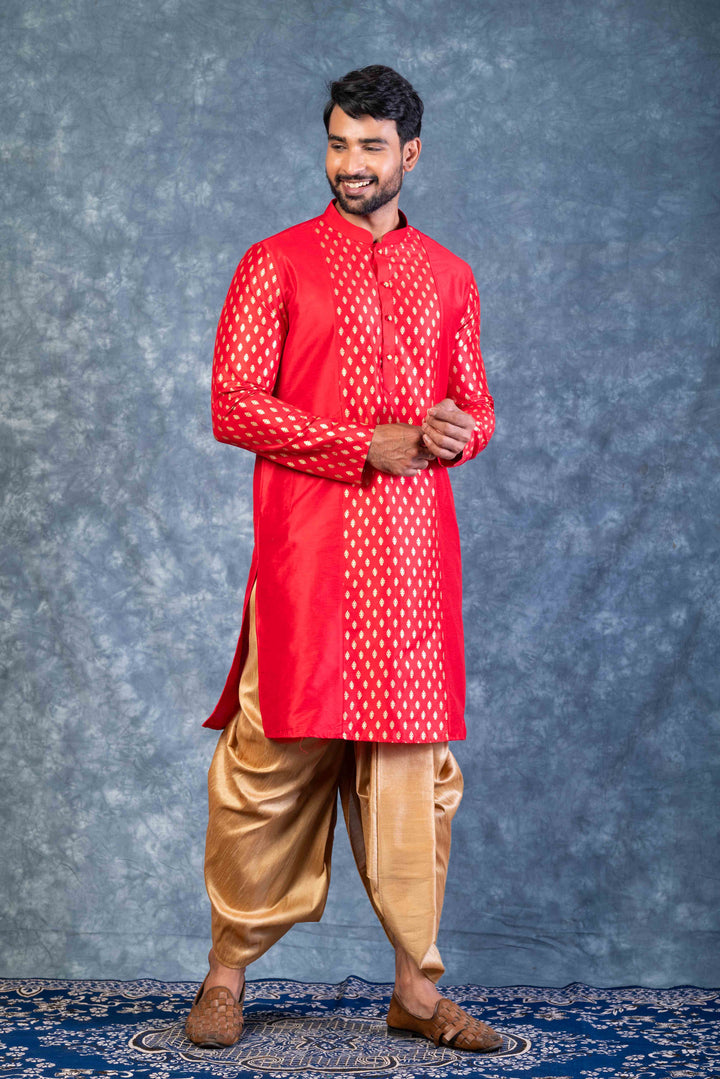 Prakatha Red Silk Blend Kurta Dhoti Set For Men With Embroidered Work | SHOBITAM
