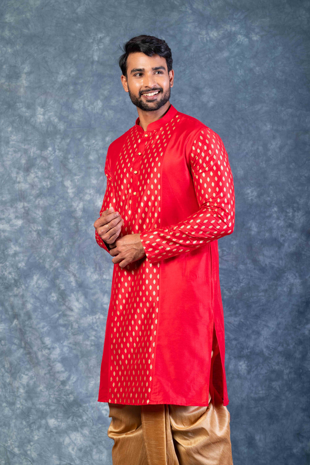Prakatha Red Silk Blend Kurta Dhoti Set For Men With Embroidered Work | SHOBITAM