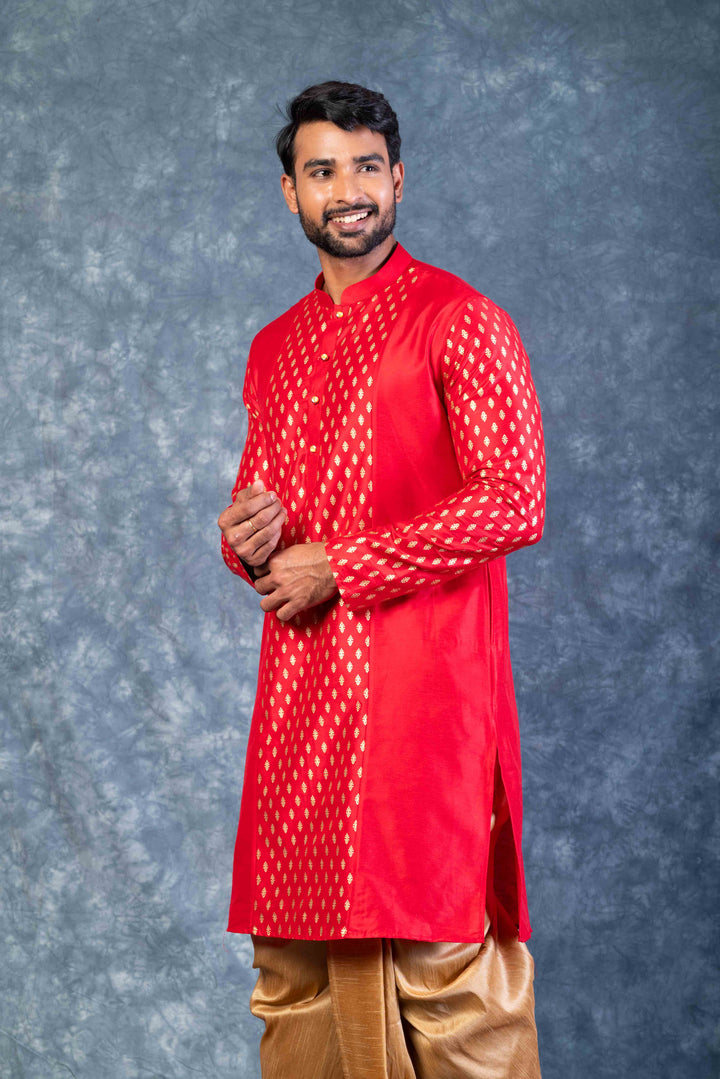Prakatha Red Silk Blend Kurta Dhoti Set For Men With Embroidered Work | SHOBITAM