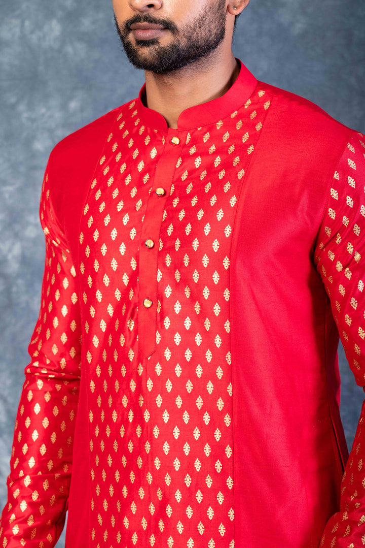 Prakatha Red Silk Blend Kurta Dhoti Set For Men With Embroidered Work | SHOBITAM