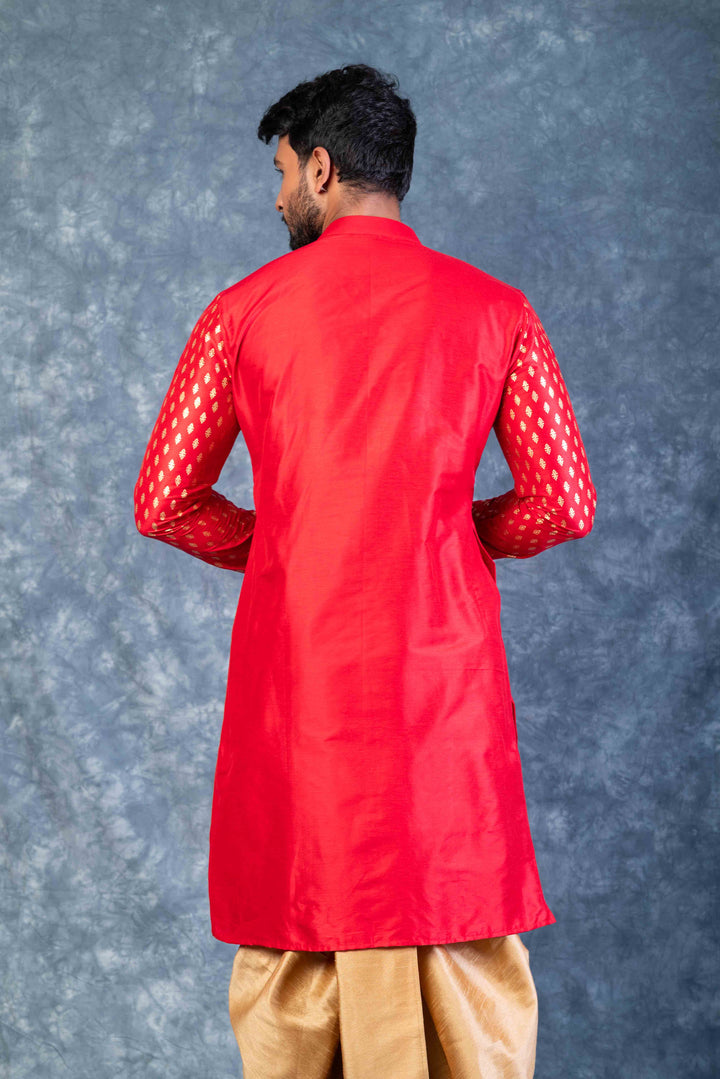 Prakatha Red Silk Blend Kurta Dhoti Set For Men With Embroidered Work | SHOBITAM
