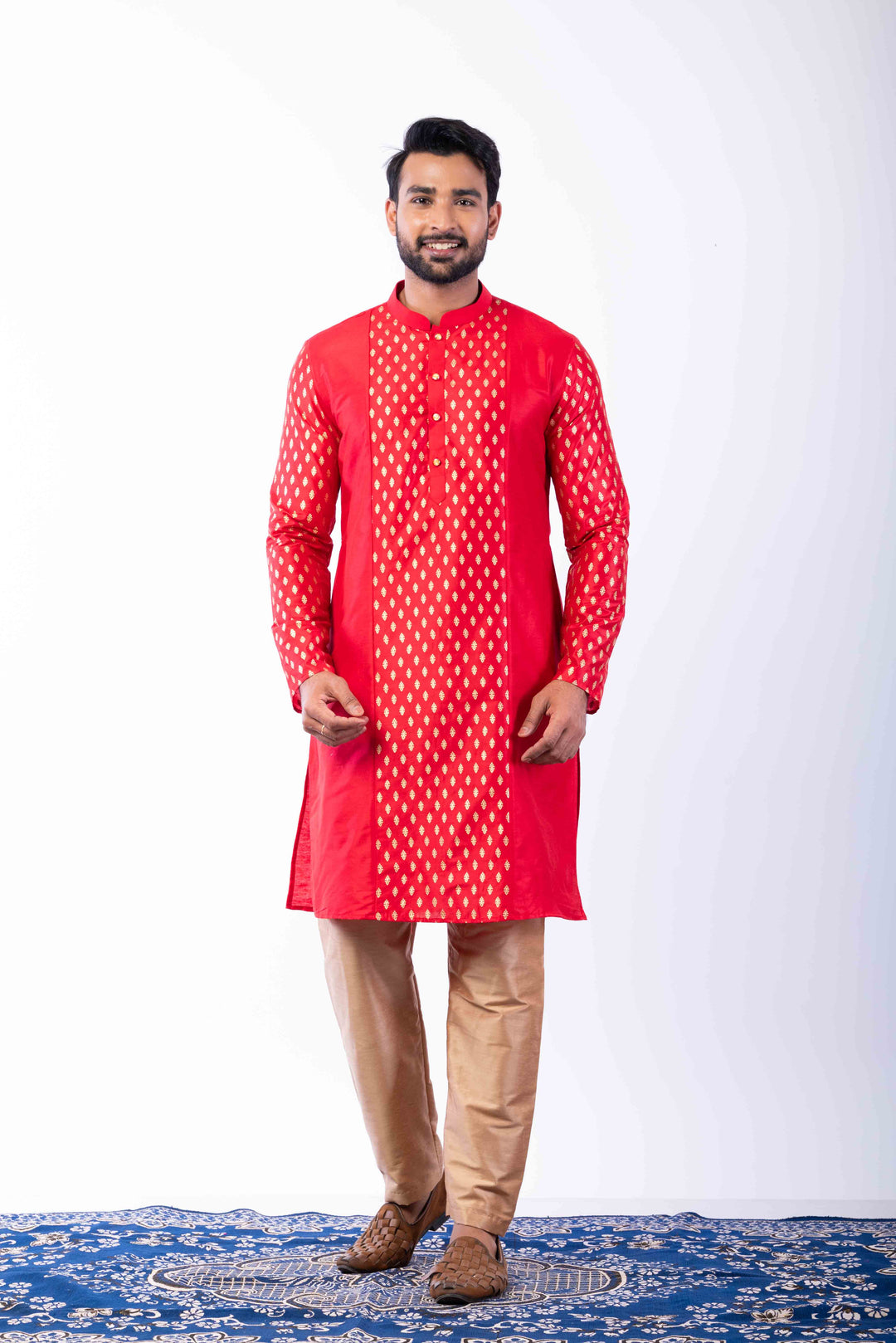 Prakatha Red Silk Blend Kurta Dhoti Set For Men With Embroidered Work | SHOBITAM