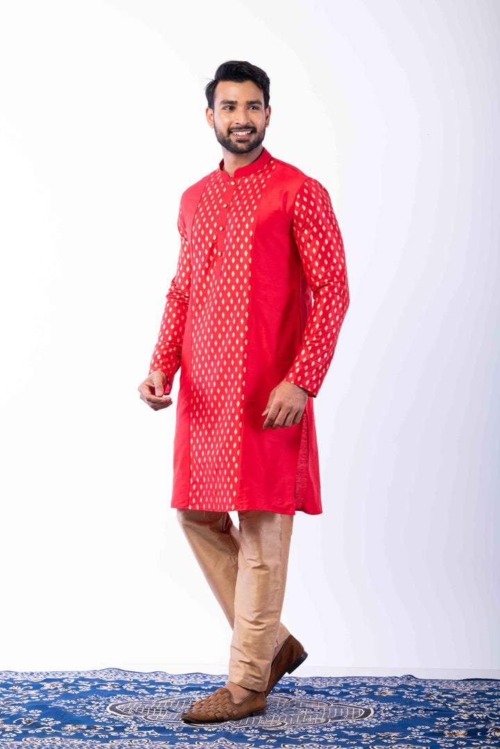 Prakatha Red Silk Blend Kurta Dhoti Set For Men With Embroidered Work | SHOBITAM