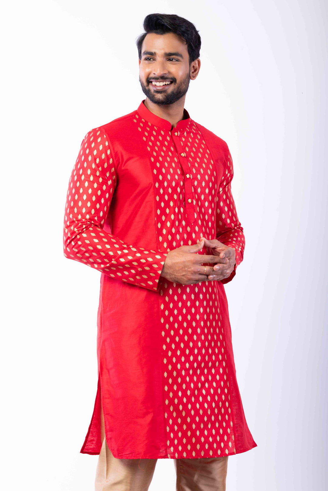 Prakatha Red Silk Blend Kurta Dhoti Set For Men With Embroidered Work | SHOBITAM