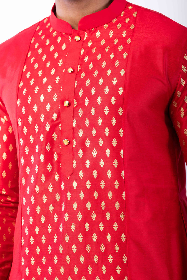 Prakatha Red Silk Blend Kurta Dhoti Set For Men With Embroidered Work | SHOBITAM