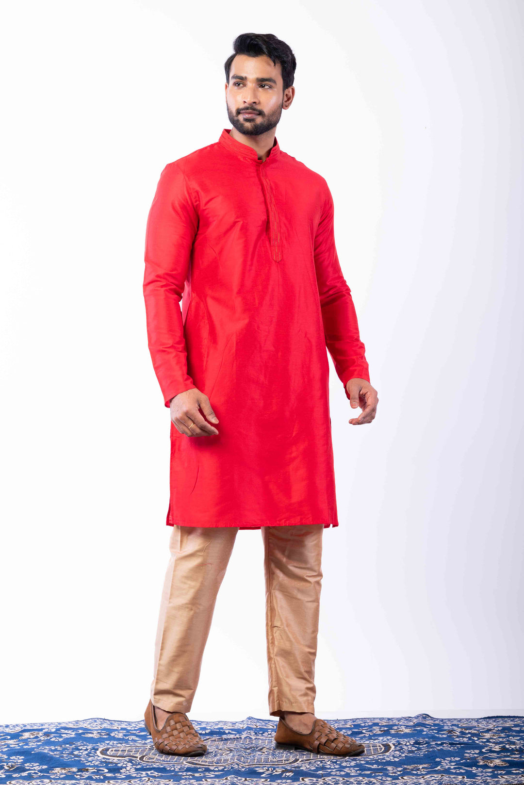 Prakatha Red Silk Blend Kurta Pyjama For Men With Embroidered Work | SHOBITAM