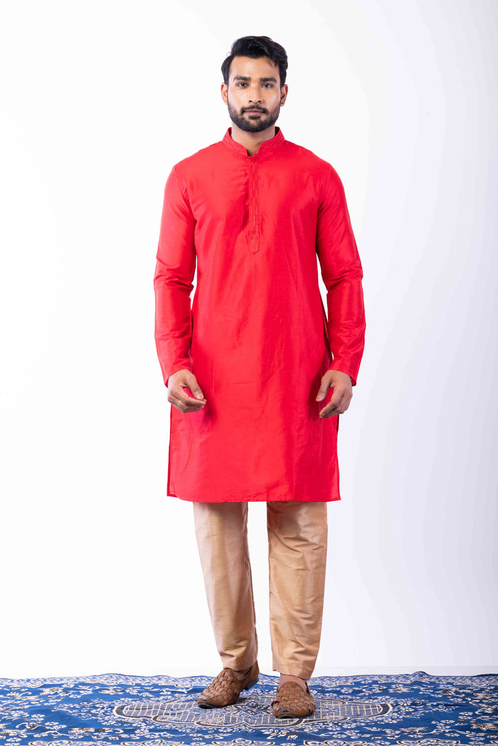 Prakatha Red Silk Blend Kurta Pyjama For Men With Embroidered Work | SHOBITAM
