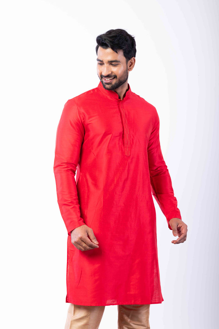 Prakatha Red Silk Blend Kurta Pyjama For Men With Embroidered Work | SHOBITAM