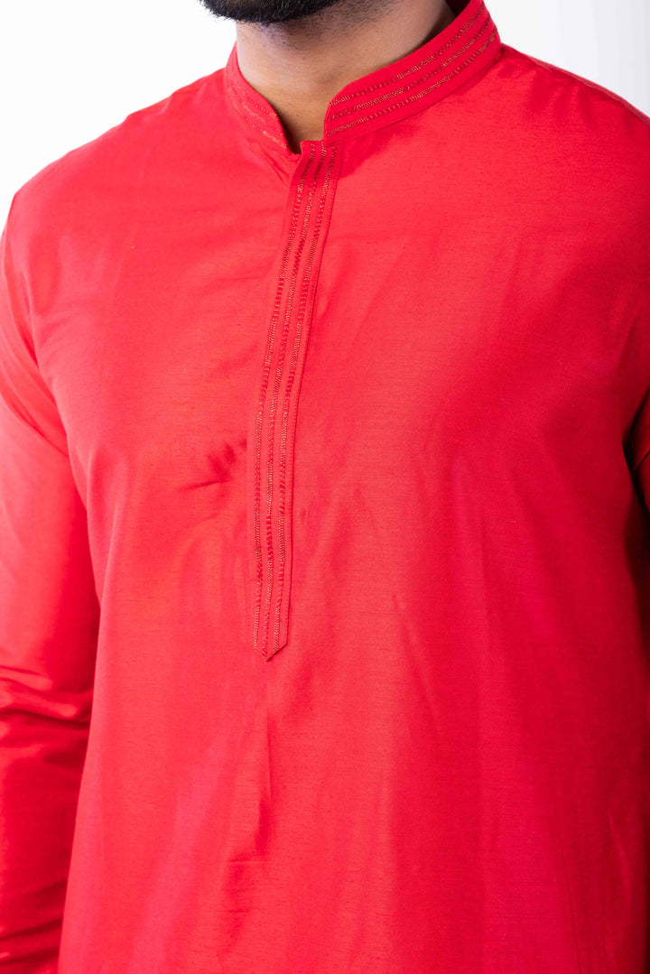 Prakatha Red Silk Blend Kurta Pyjama For Men With Embroidered Work | SHOBITAM