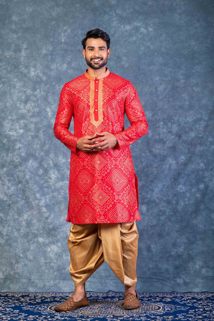 Prakatha Red Silk Blend Kurta Dhoti Set For Men With Embroidered Work | SHOBITAM