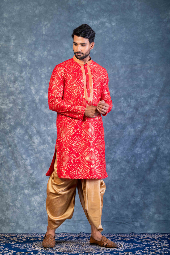 Prakatha Red Silk Blend Kurta Dhoti Set For Men With Embroidered Work | SHOBITAM