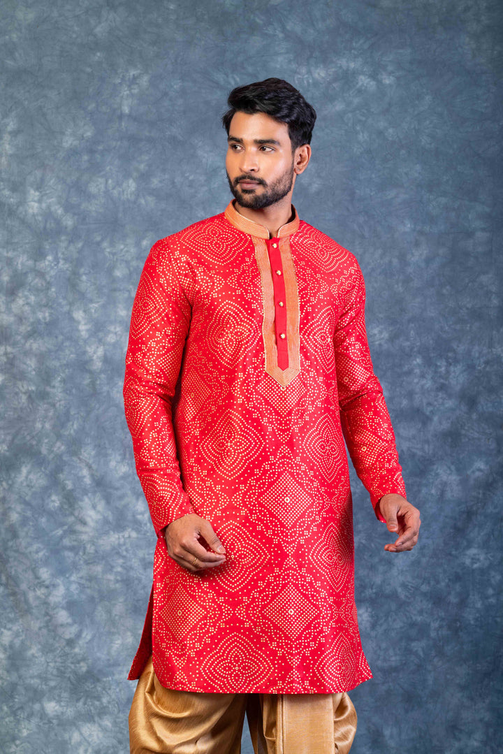 Prakatha Red Silk Blend Kurta Dhoti Set For Men With Embroidered Work | SHOBITAM