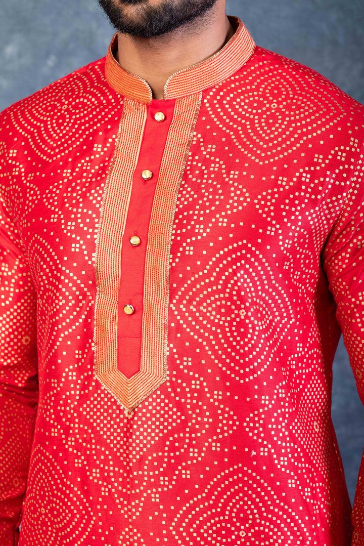 Prakatha Red Silk Blend Kurta Dhoti Set For Men With Embroidered Work | SHOBITAM