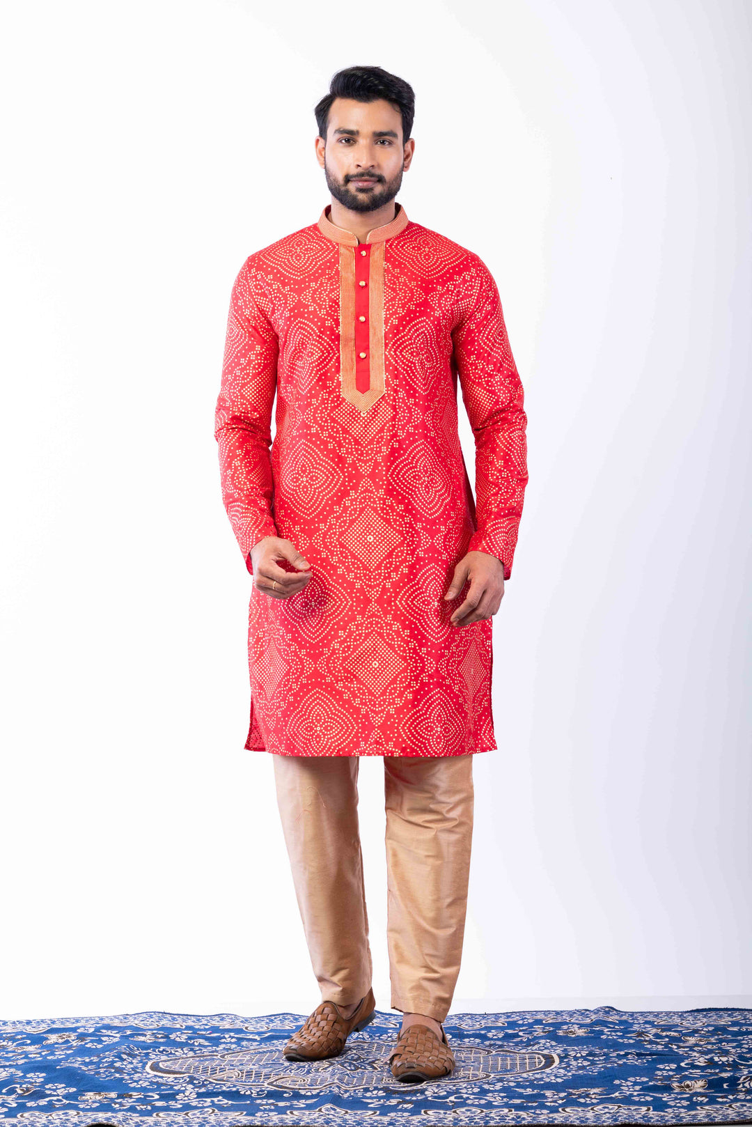Prakatha Red Silk Blend Kurta Dhoti Set For Men With Embroidered Work | SHOBITAM