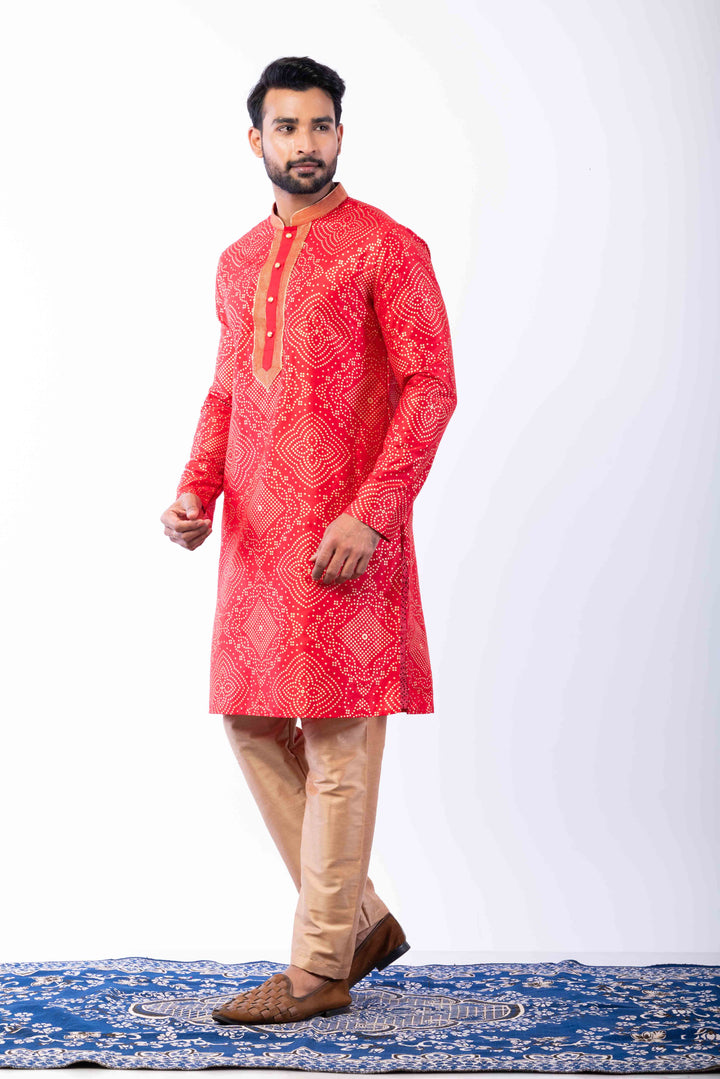 Prakatha Red Silk Blend Kurta Dhoti Set For Men With Embroidered Work | SHOBITAM