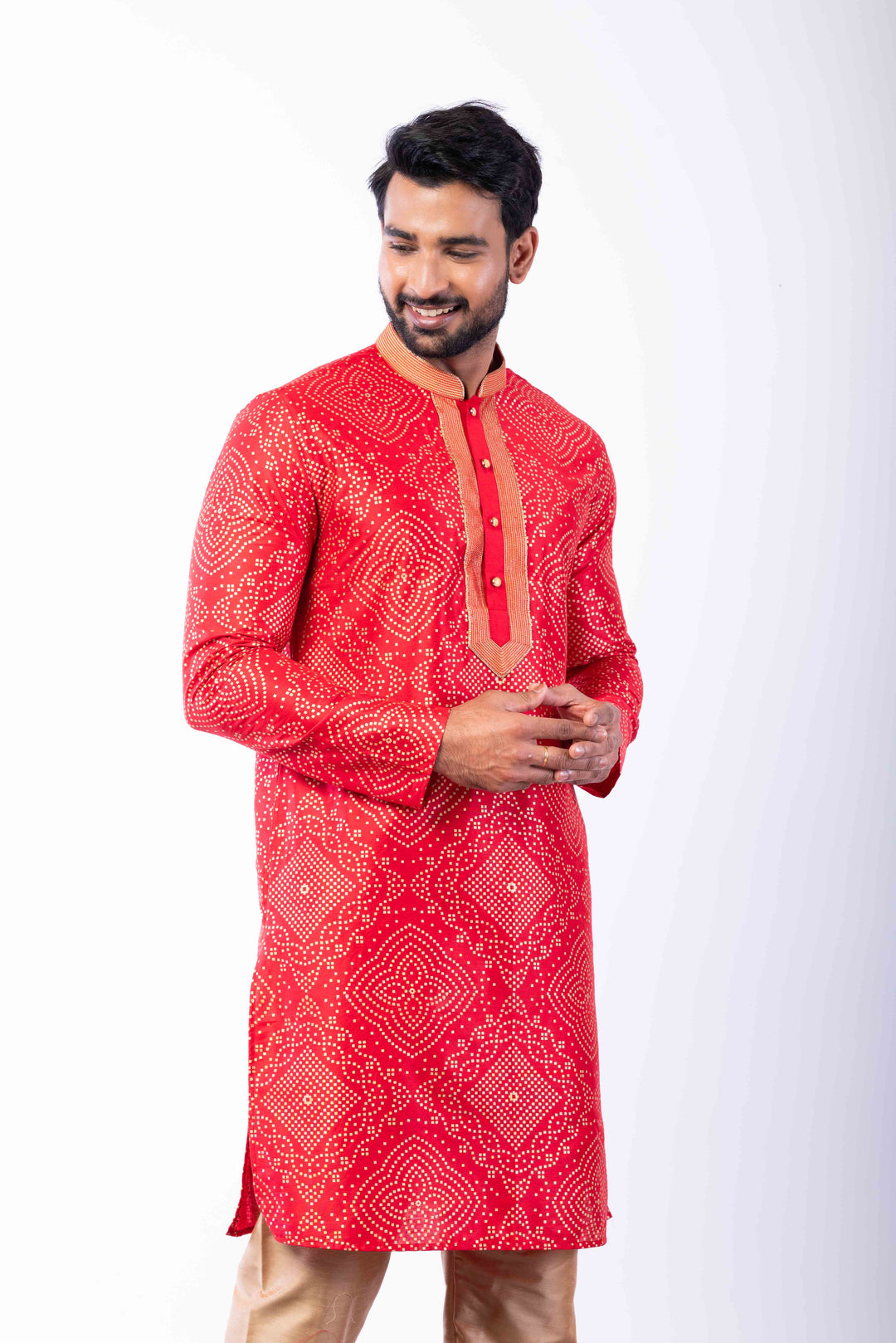 Prakatha Red Silk Blend Kurta Dhoti Set For Men With Embroidered Work | SHOBITAM