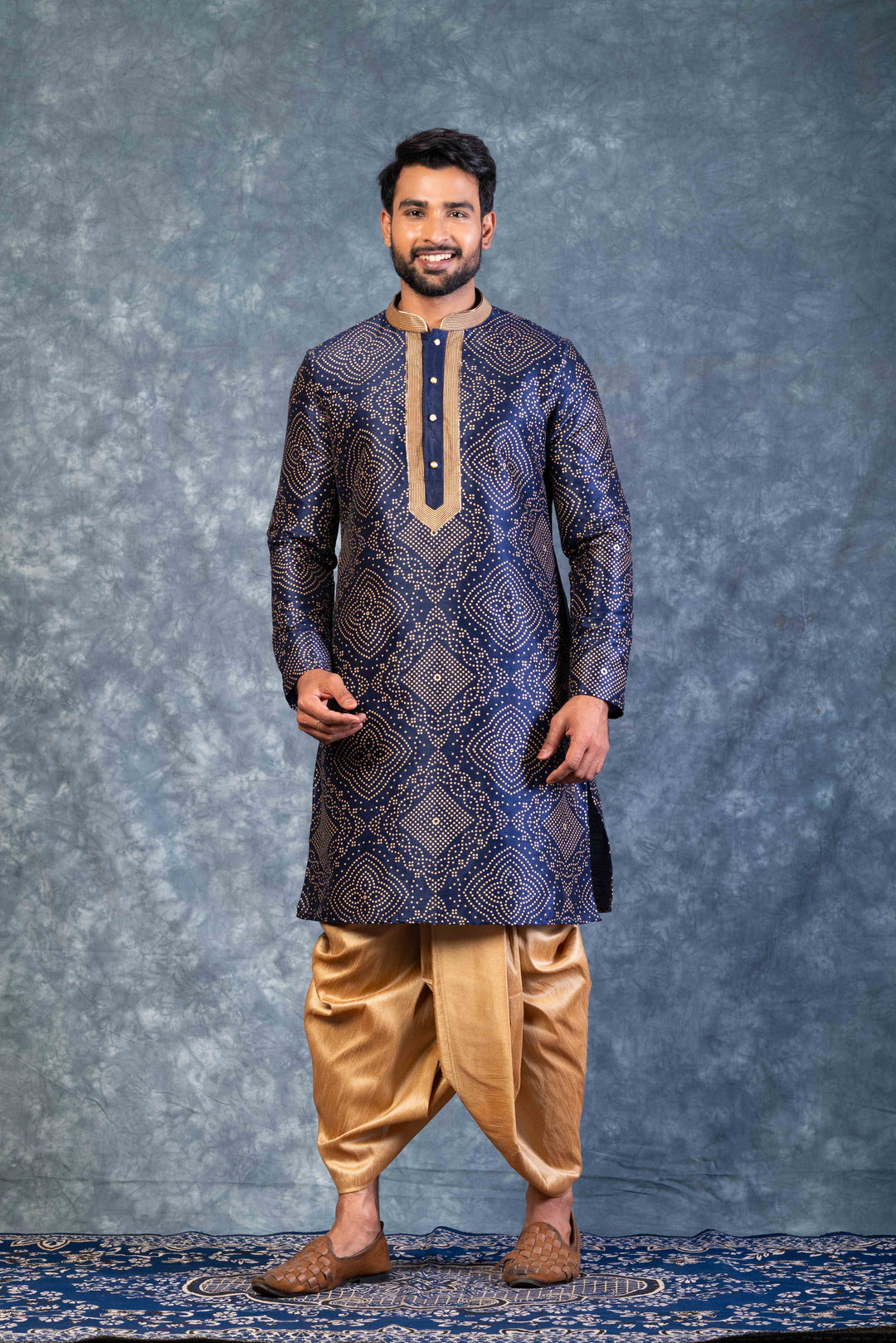 Prakatha Blue Silk Blend Kurta Dhoti Set For Men With Embroidered Work | SHOBITAM
