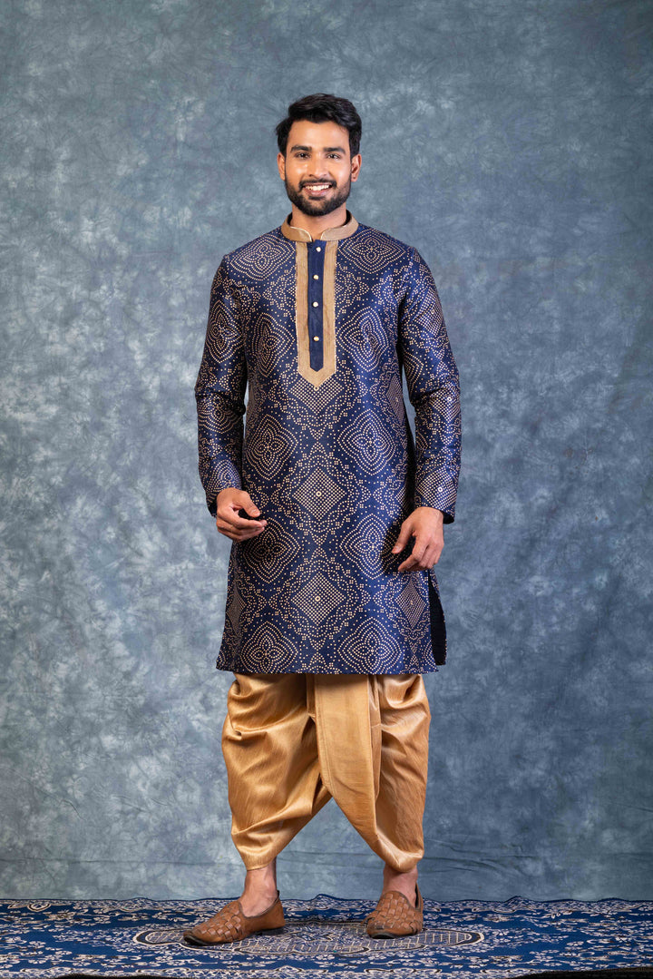 Prakatha Blue Silk Blend Kurta Dhoti Set For Men With Embroidered Work | SHOBITAM