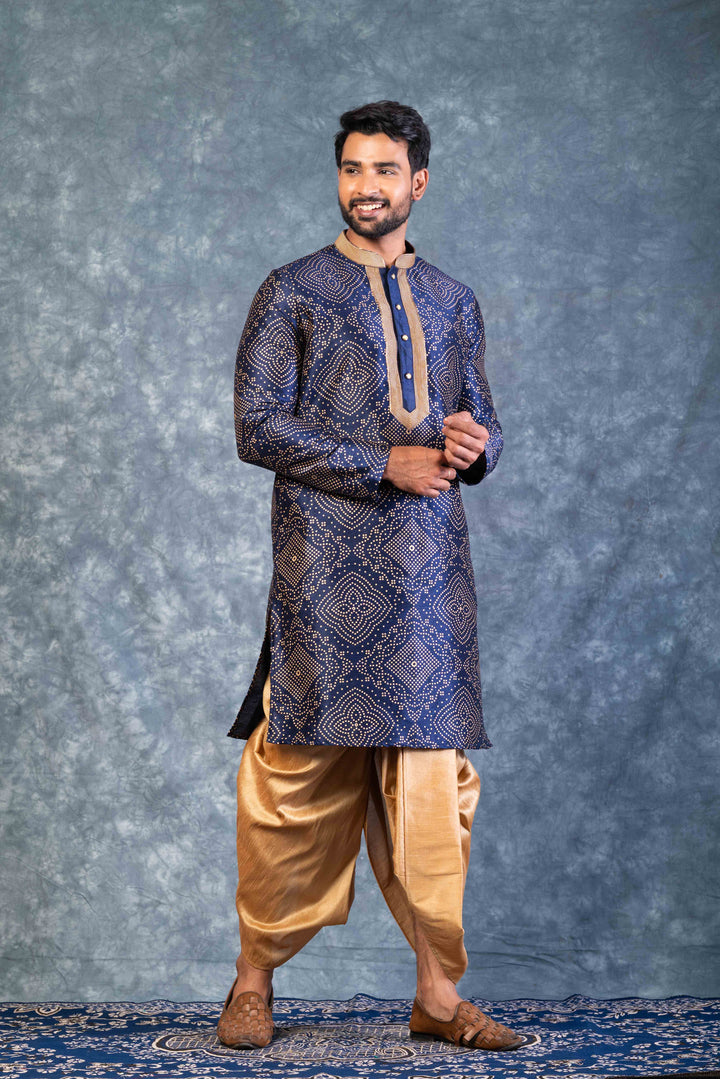 Prakatha Blue Silk Blend Kurta Dhoti Set For Men With Embroidered Work | SHOBITAM