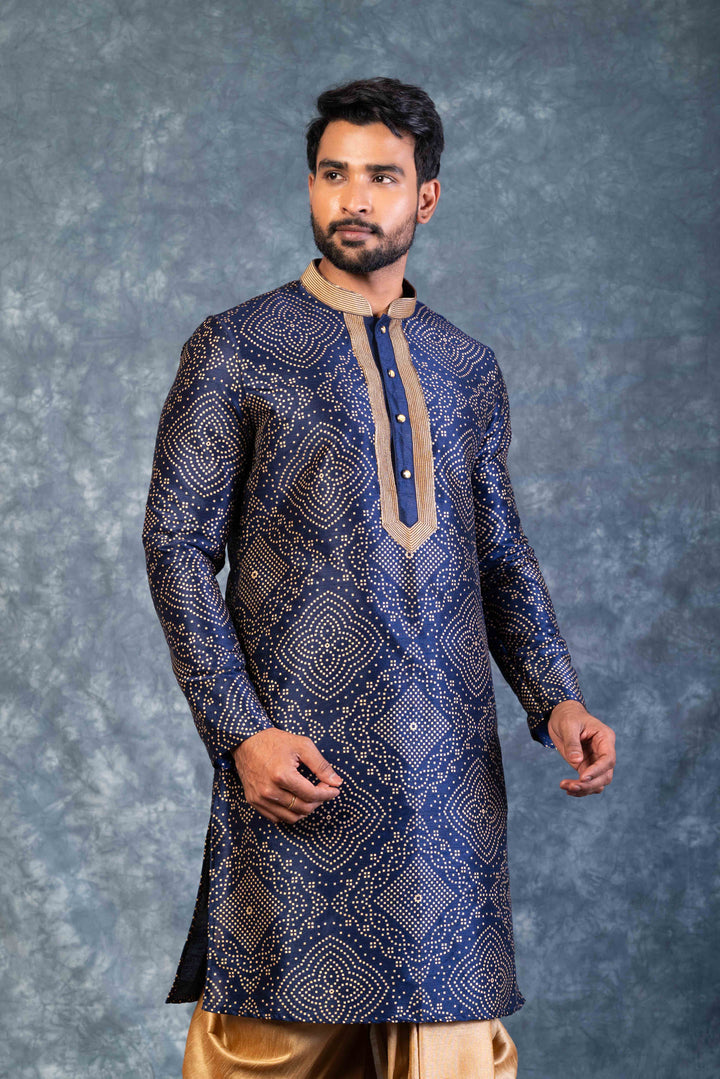 Prakatha Blue Silk Blend Kurta Dhoti Set For Men With Embroidered Work | SHOBITAM