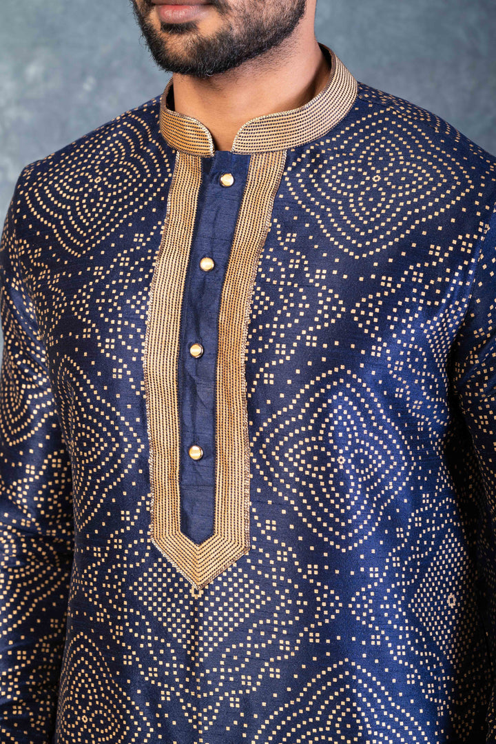 Prakatha Blue Silk Blend Kurta Dhoti Set For Men With Embroidered Work | SHOBITAM