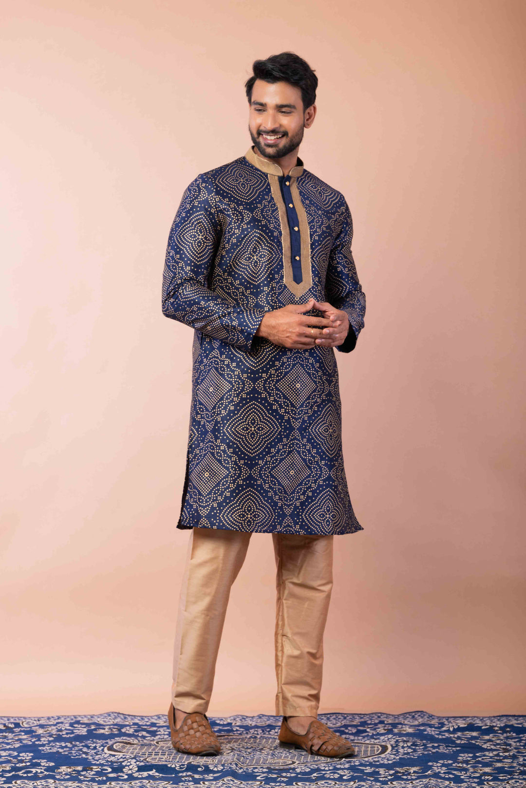 Prakatha Blue Silk Blend Kurta Dhoti Set For Men With Embroidered Work | SHOBITAM