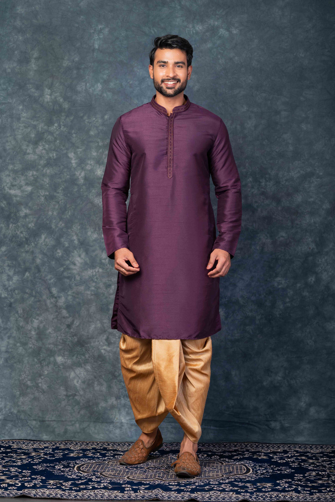 Prakatha Purple Silk Blend Kurta Dhoti Set For Men With Embroidered Work | SHOBITAM