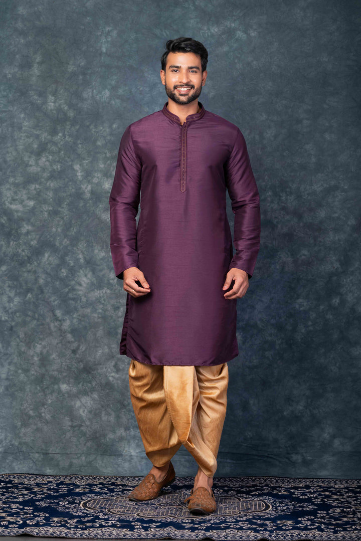Prakatha Purple Silk Blend Kurta Dhoti Set For Men With Embroidered Work | SHOBITAM